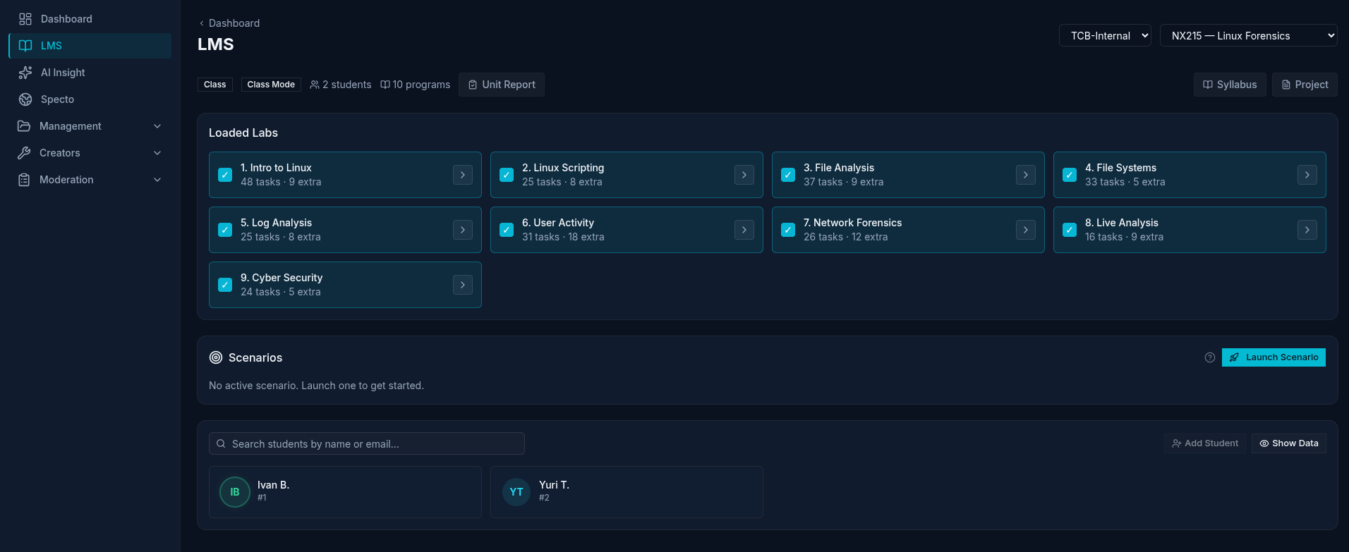 Cyberium learning management screen
